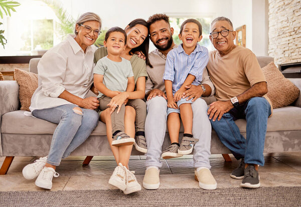 Big family, children or bonding on sofa in house or home living room with senior grandparents, mother or father. Smile, happy or multi generation family of retirement elderly, men and women with kids.
