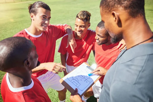 Fútbol Equipo Coaching Con Estrategia Papel Formación Con Conversación Comunicación —  Fotos de Stock