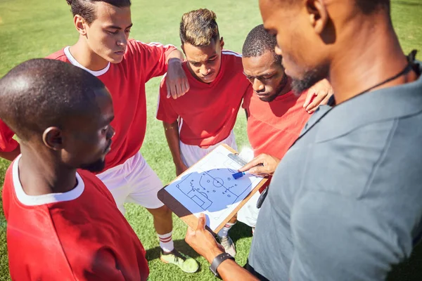 Trenerstwo Piłki Nożnej Strategia Planowania Grupowe Zawody Sportowe Gry Szkolenia — Zdjęcie stockowe