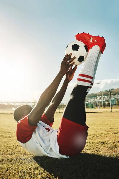 Fotboll Sport Och Stretching Med Svart Man Atlet Träning Med — Stockfoto
