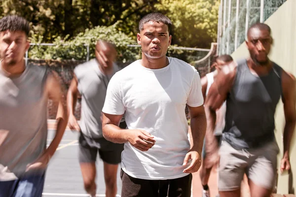 Men Group Running Basketball Court Exercise Training Teamwork Together Sun — Stock Photo, Image