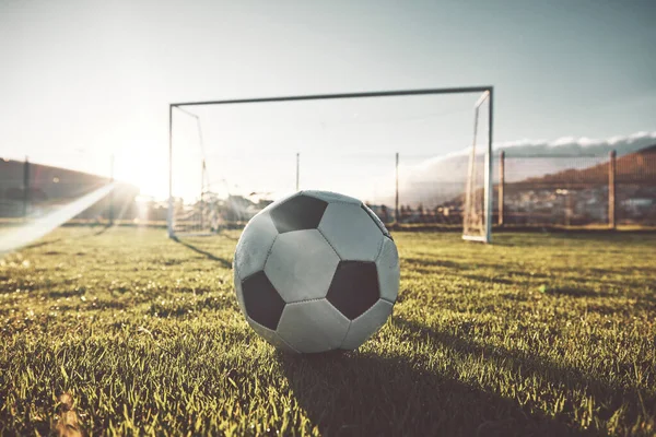 Soccer Ball Goal Post Grass Sports Field Wellness Club Fitness — Stock Photo, Image