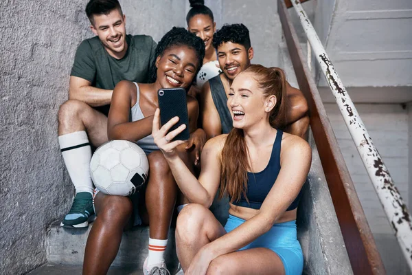 Selfie Smartphone Voetbal Mensen Voor Sport Social Networking Team Internationale — Stockfoto
