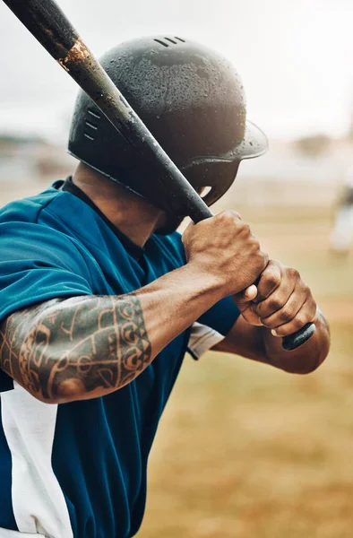 Baseball, bat and baseball player, sports game and fitness, strong and arm muscle, sport training and waiting on pitch. Black man, athlete and baseball field, exercise and ready for practice or match.