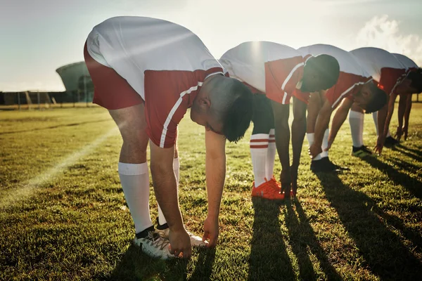 Lag Stretching Och Ben Fotbollsträning Uppvärmning Eller Träning Plan Solsken — Stockfoto