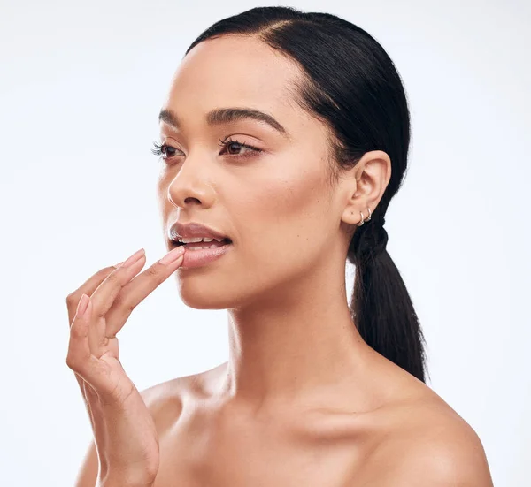 Look Lip Products Nourishing Ingredients Beautiful Young Woman Applying Lip — Stock Photo, Image