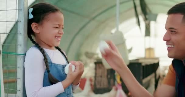 Allevatore Polli Uomo Ragazza Con Uova Famiglia Giocosa Gioco Divertente — Video Stock