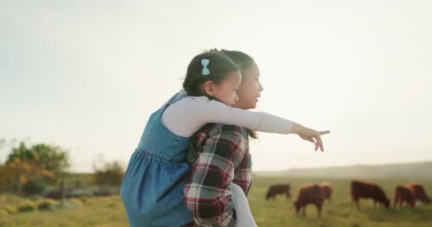 Familia Granja Ganado Con Una Niña Madre Mirando Las Vacas — Vídeo de stock