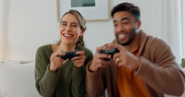 Video Game Fun Excited Diversity Couple Crazy High Energy Play — Stock Video