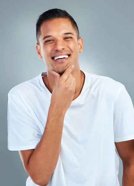 Sonrisa Feliz Hombre Retrato Con Dientes Para Cuidado Dental Una — Foto de Stock