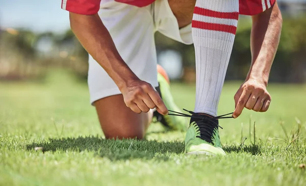 Hands Shoes Soccer Player Soccer Field Tie Lace Prepare Training — Stock Photo, Image