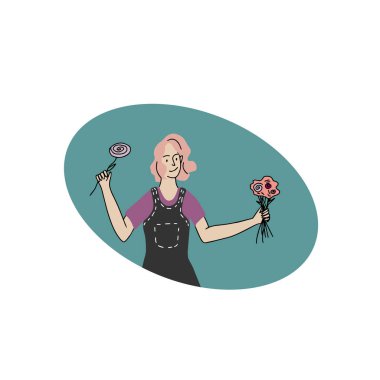 Önlüklü pembe saçlı genç bir çiçekçi kız, pembe tonlarda tek bir kompozisyon oluşturan bir bukette çok renkli çiçekler yapar.