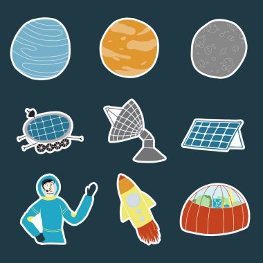 Uzay keşif paketinin vektör illüstrasyonu. Gezegen, uydu, robot, radyo istasyonu, güneş pili, astronot kolonicisi, uzay gemisi, mavi arka planda kubbenin altındaki şehir etiketi..
