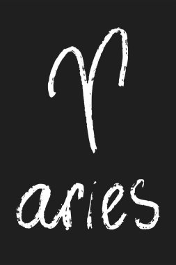 Koç burcu burcu. Bir yıldız burcunun el yazısıyla çizilmiş fırça tasarımı vektör çizimi ve elde çizilmiş siyah-beyaz tekniklerdeki takımyıldızın adı. 