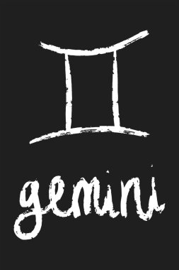 Gemini burcu. Bir yıldız burcunun el yazısıyla çizilmiş fırça tasarımı vektör çizimi ve elde çizilmiş siyah-beyaz tekniklerdeki takımyıldızın adı. 