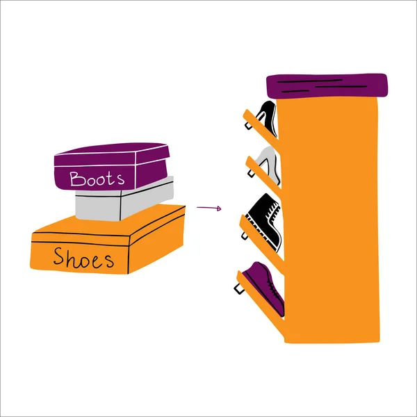 Tidying Shoes Shoe Rack Shoes Organization Instead Using Huge Boxes — Stock Vector
