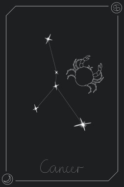 Konstelasyonlu kanser burcu burcu ve kendini beğenmiş bir gezegen. Koyu arkaplanda el çizimi vektör çizimi. Taro kartı.