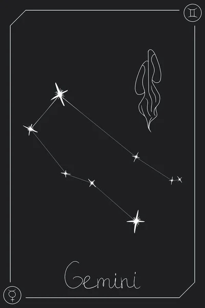 Gemini Horoscope Card Constelation Zodiac Sign Patronizing Planet Hand Drawn — Stock Vector