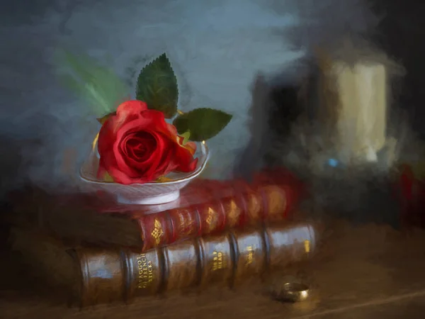 Digital Oil Painting Single Red Rose Lying Leather Bound Books — Stock Photo, Image