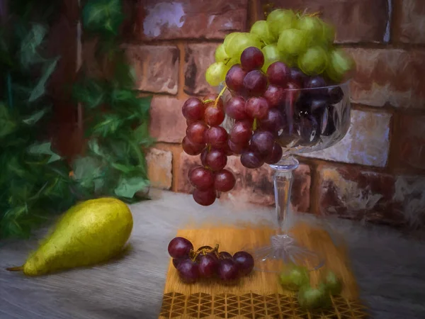 Digital Painting Still Life Red Green Grapes Tall Glass Green — Stock Photo, Image