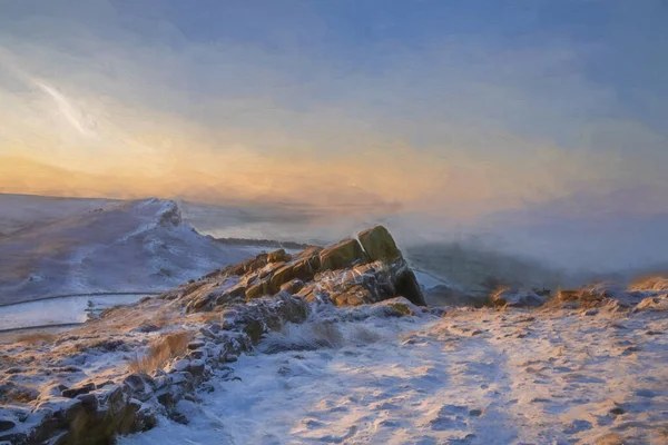 Digital Oljemålning Soluppgångstemperatur Inversion Roaches Vintern Peak District National Park — Stockfoto