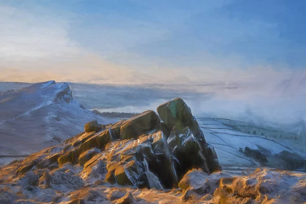 Digital Oil Painting Sunrise Temperature Inversion Roaches Winter Peak District — Stock Photo, Image