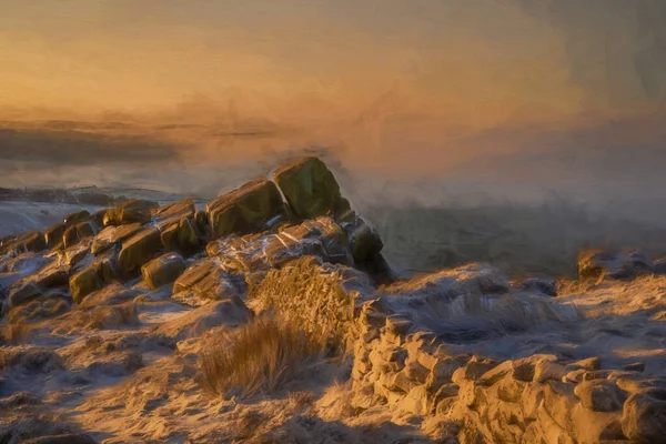 Cyfrowy Obraz Olejny Inwersji Temperatury Wschodu Słońca Karaluchach Zimą Parku — Zdjęcie stockowe