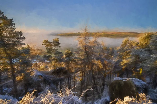 Digital oil painting of a sunrise temperature inversion at The Roaches during winter in the Peak District National Park.