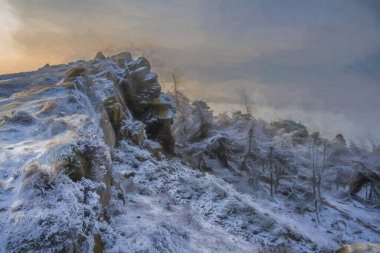 Peak District Ulusal Parkı 'ndaki Hamamböcekleri' nde güneşin doğuşunu gösteren dijital yağlı boya tablo..