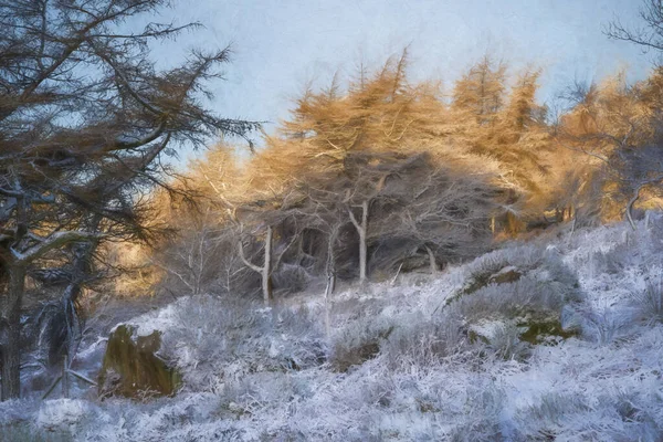 Digitális Olajfestmény Napkelte Hőmérséklet Inverzió Csótányok Télen Peak District Nemzeti — Stock Fotó