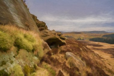 Kel taşın dijital tablosu ve Gib Torr kışın Peak District Ulusal Parkı 'nda Hamamböcekleri, Ramshaw Kayaları ve Hen Bulutu' na bakıyor..