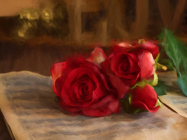 Cyfrowy Obraz Valentine Czerwone Róże Leżące Vintage Arkuszy Muzycznych Słowem — Zdjęcie stockowe