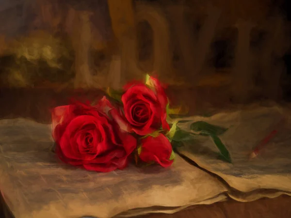 Digital Painting Valentine Red Roses Lying Vintage Music Sheets Word — Stock Photo, Image