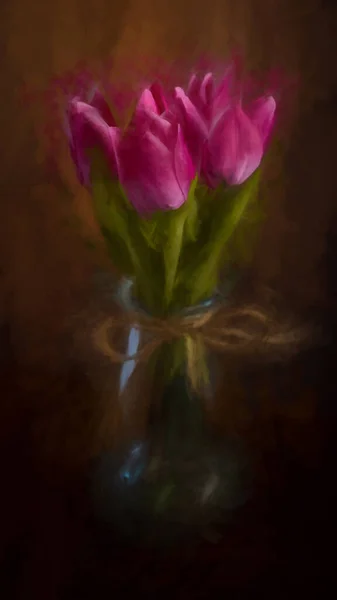 Pintura Digital Buquê Flores Tulipa Rosa Uma Garrafa Vidro Isolada — Fotografia de Stock