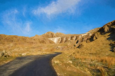 Stwlan Barajı ve Blaenau Ffestiniog yakınlarındaki Moelwyn Dağları 'nın dijital tablosu..
