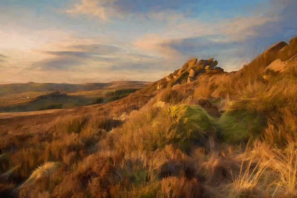 Baldstone 'da bir kışın dijital tablosu ve Gib Torr kış boyunca İngiltere' nin Staffordshire eyaletindeki Peak District Ulusal Parkı 'nda sallanıyor..