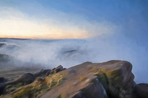 Digital Oil Painting Temperature Inversion Roaches Sunrise Spring Staffordshire Peak — Stock fotografie