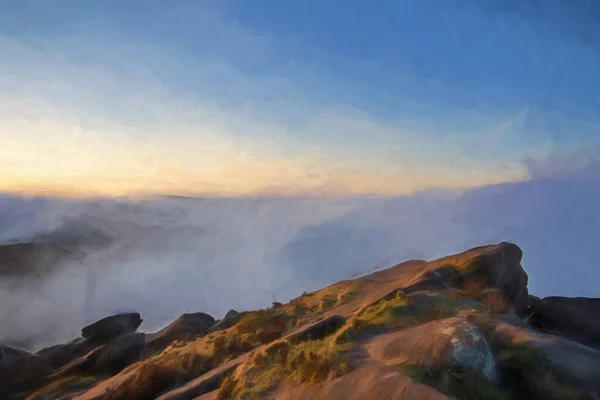 Digital Oil Painting Temperature Inversion Roaches Sunrise Spring Staffordshire Peak — Stock Photo, Image