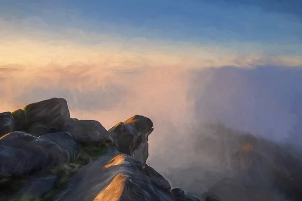 Digital oil painting of a temperature inversion at The Roaches at sunrise during spring in the Staffordshire, Peak District National Park, UK.