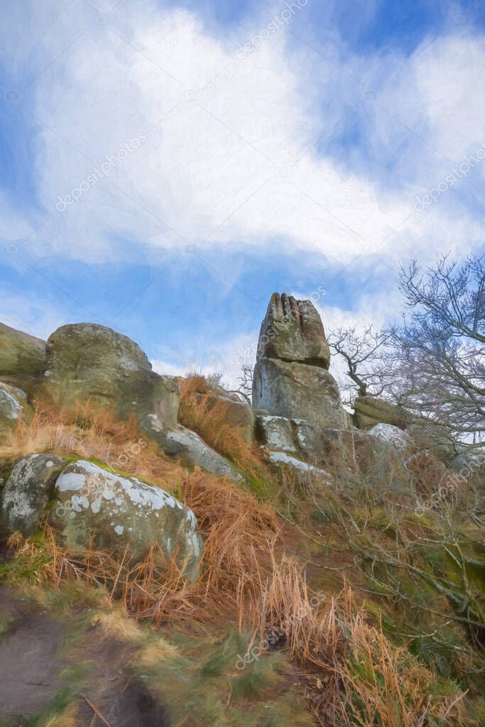 Digital painting of Robin Hood's Stride limestone way rock formation in the Derbyshire Dales, Peak District National Park.