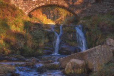 Peak District Ulusal Parkı 'ndaki Three Shires Head' de bir şelalenin dijital tablosu ve yük atı taşı köprüsü..