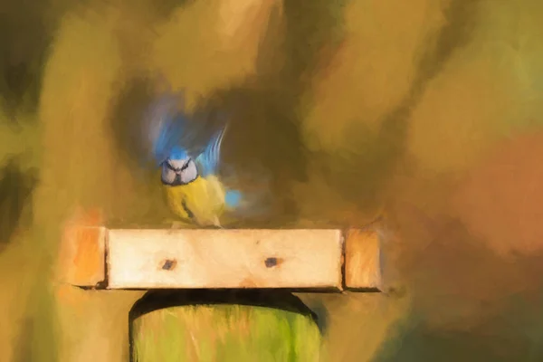 Digital Painting Eurasian Blue Tit Cyanistes Caeruleus Natural Woodland Background — Stok fotoğraf