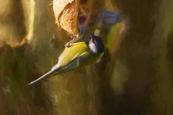 Digital Painting Great Tit Parus Major Natural Woodland Setting — Zdjęcie stockowe