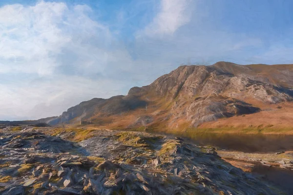 Digital Painting Abandoned Cwmorthin Terrace Rhosydd Slate Quarry Blaenau Ffestiniog — Stock Photo, Image