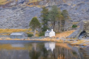 Gwynedd, Galler 'deki Blaenau Ffestiniog' da terk edilmiş Cwmorthin Terrace ve Rhosydd taş ocağının dijital tablosu.