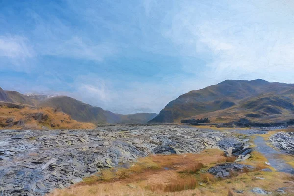 Pintura Digital Abandonado Cwmorthin Terrace Rhosydd Slate Quarry Blaenau Ffestiniog — Fotografia de Stock