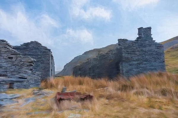 Ψηφιακή Ζωγραφική Του Εγκαταλελειμμένου Cwmorthin Terrace Και Rhosydd Slate Quarry — Φωτογραφία Αρχείου