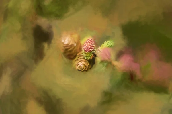 自然の森の中で孤立した若いモミの木の松のコーンシュートのデジタル絵画 — ストック写真