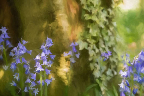 Digitális Festmény Élénk Színű Napsütötte Lila Bluebell Virágok Ellen Természetes — Stock Fotó