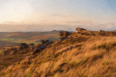 Hamamböceklerinin tepesindeki trigonometri noktasının dijital tablosu. Gün batımında Peak District Ulusal Parkı 'nda..